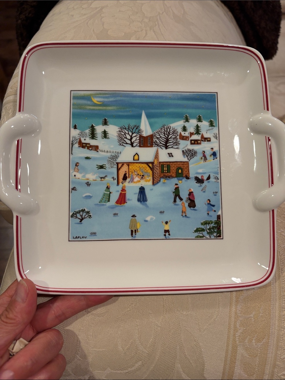Villeroy & Boch White Serving Tray with Red Trim and Winter Village Scene